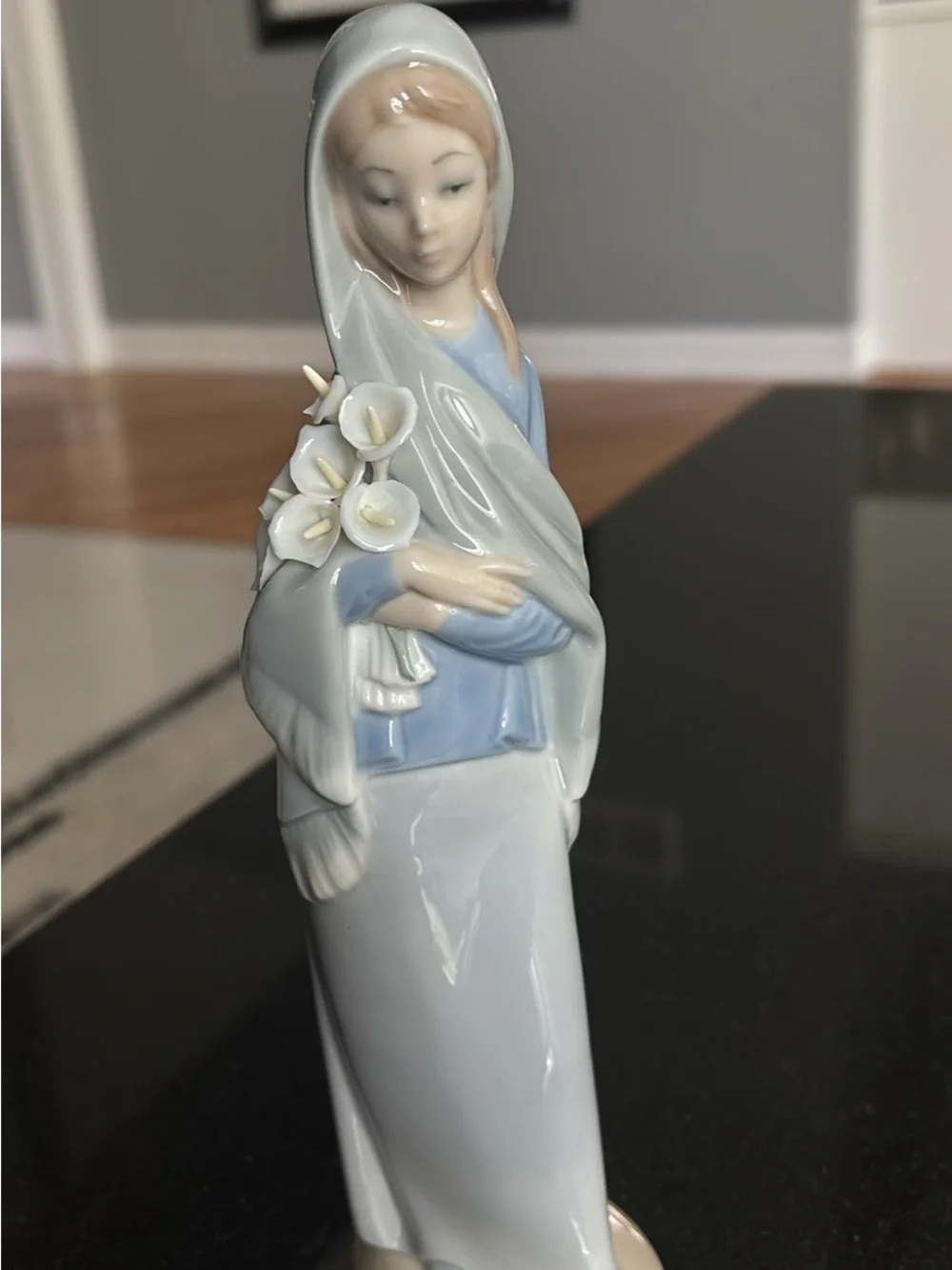 Porcelain Lladro Figurine Woman with Calla Lilies - Soft Blue and White